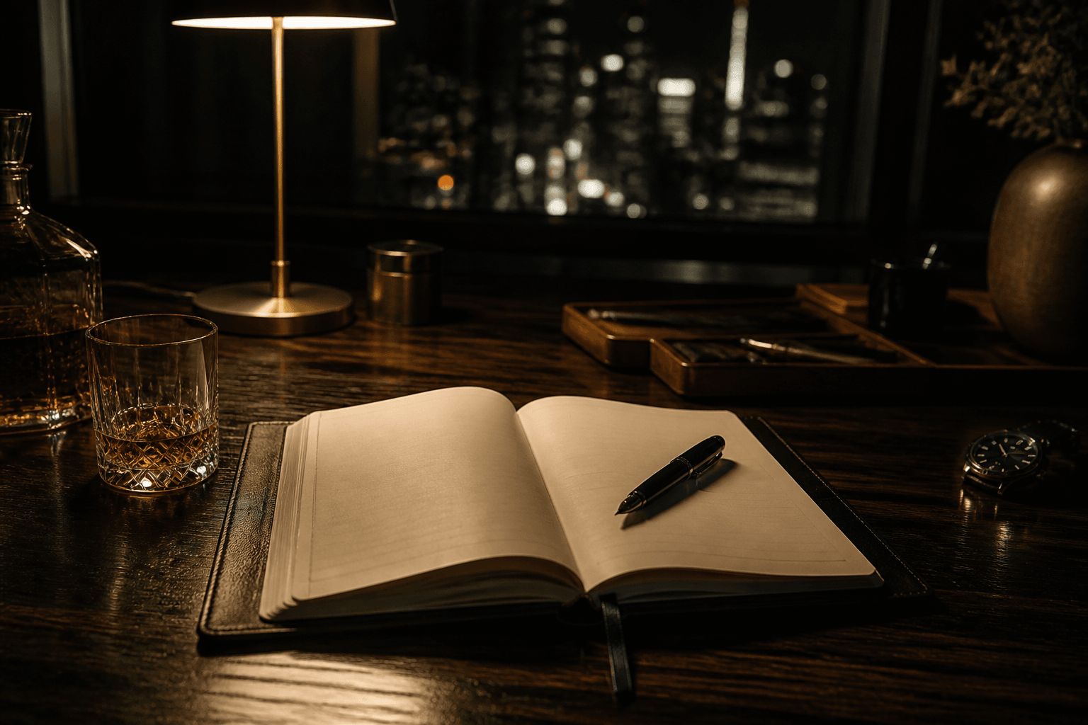 A private desk, notebook, lamp