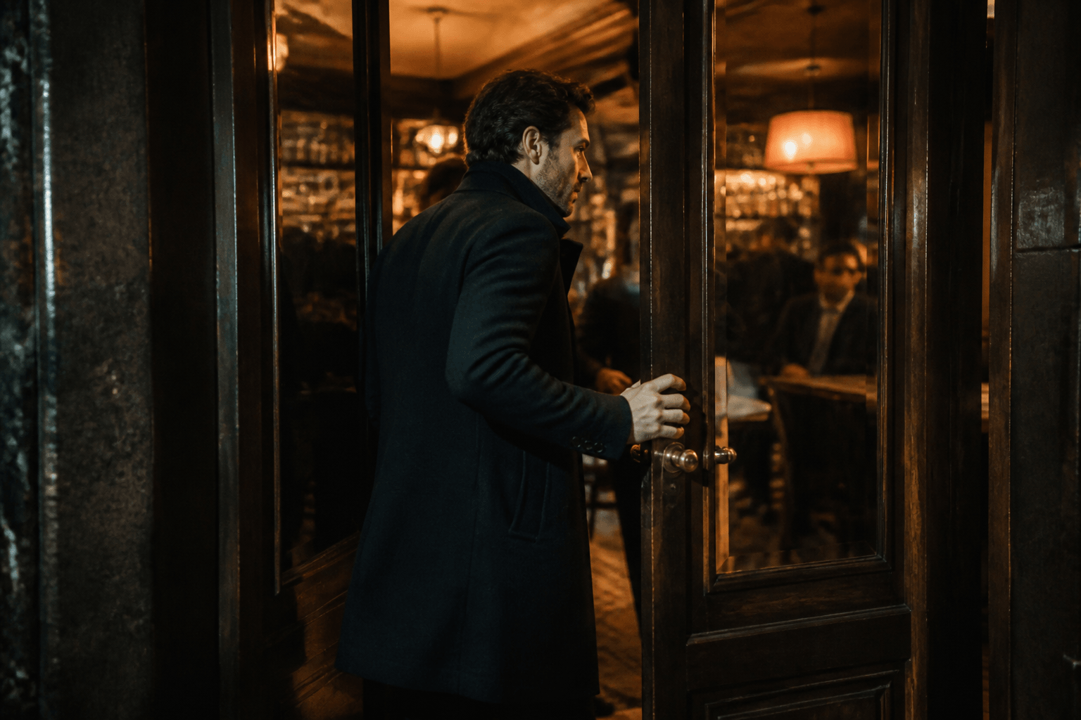 Walking through the door into a lit room
