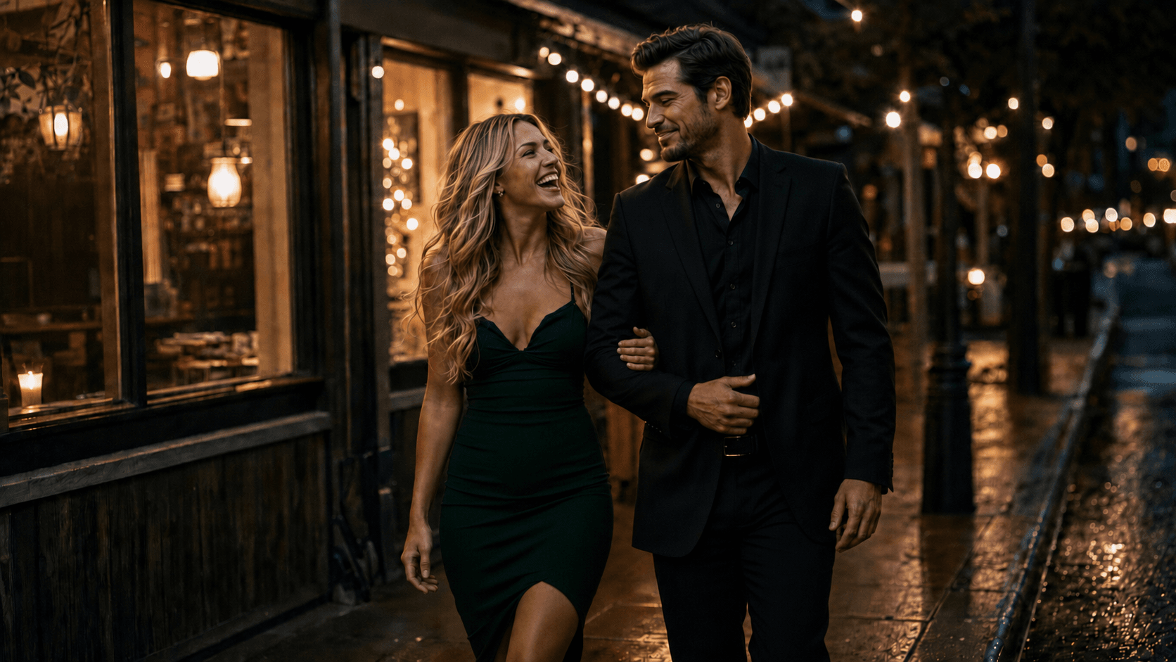 Leaving together. She is laughing. His night.