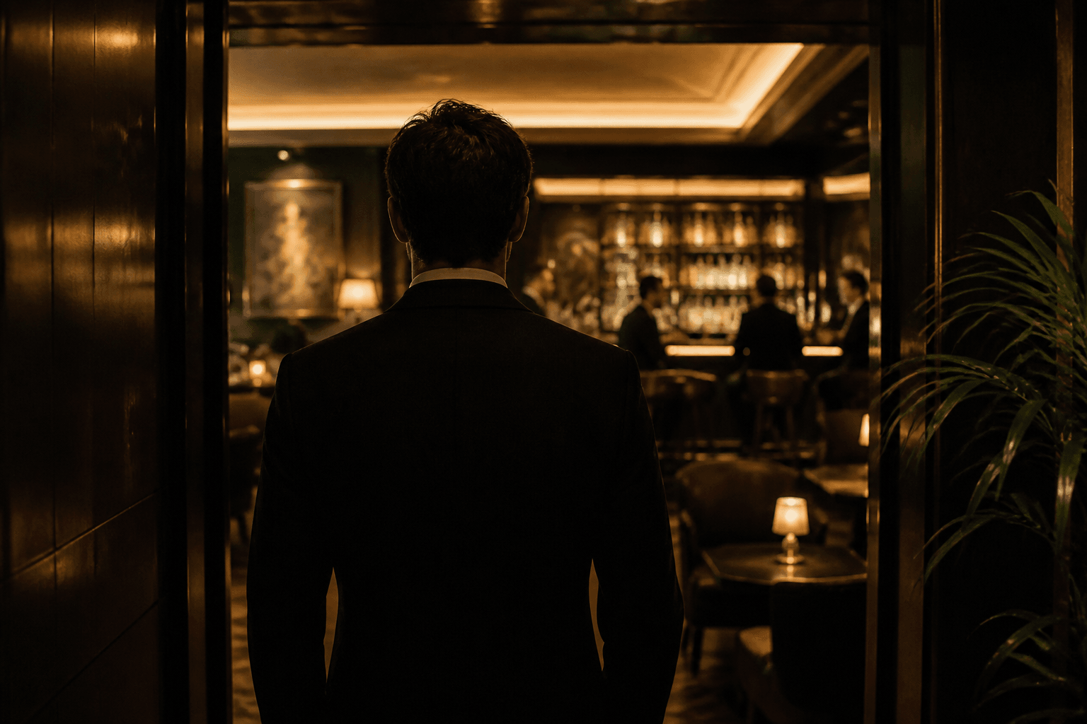 Standing in the doorway, about to walk in
